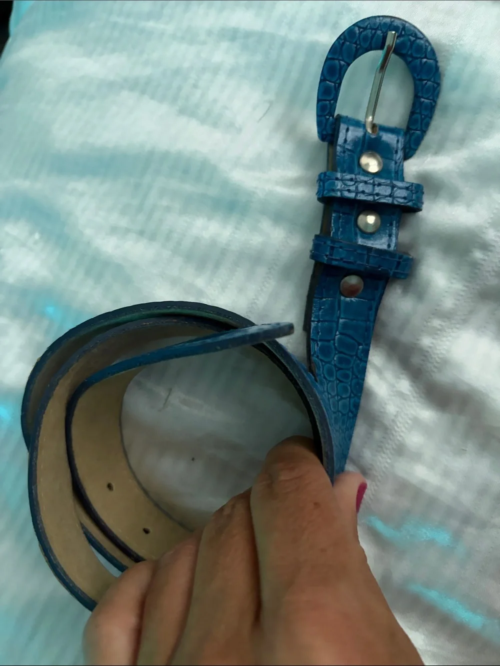 Teal Croc-Embossed Skinny Belt S/M USA